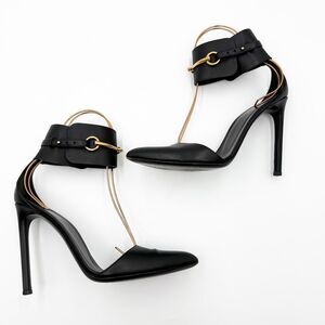 Gucci Black Leather Ursula Horsebit Ankle Cuff Pointed Toe Sandals 11.5